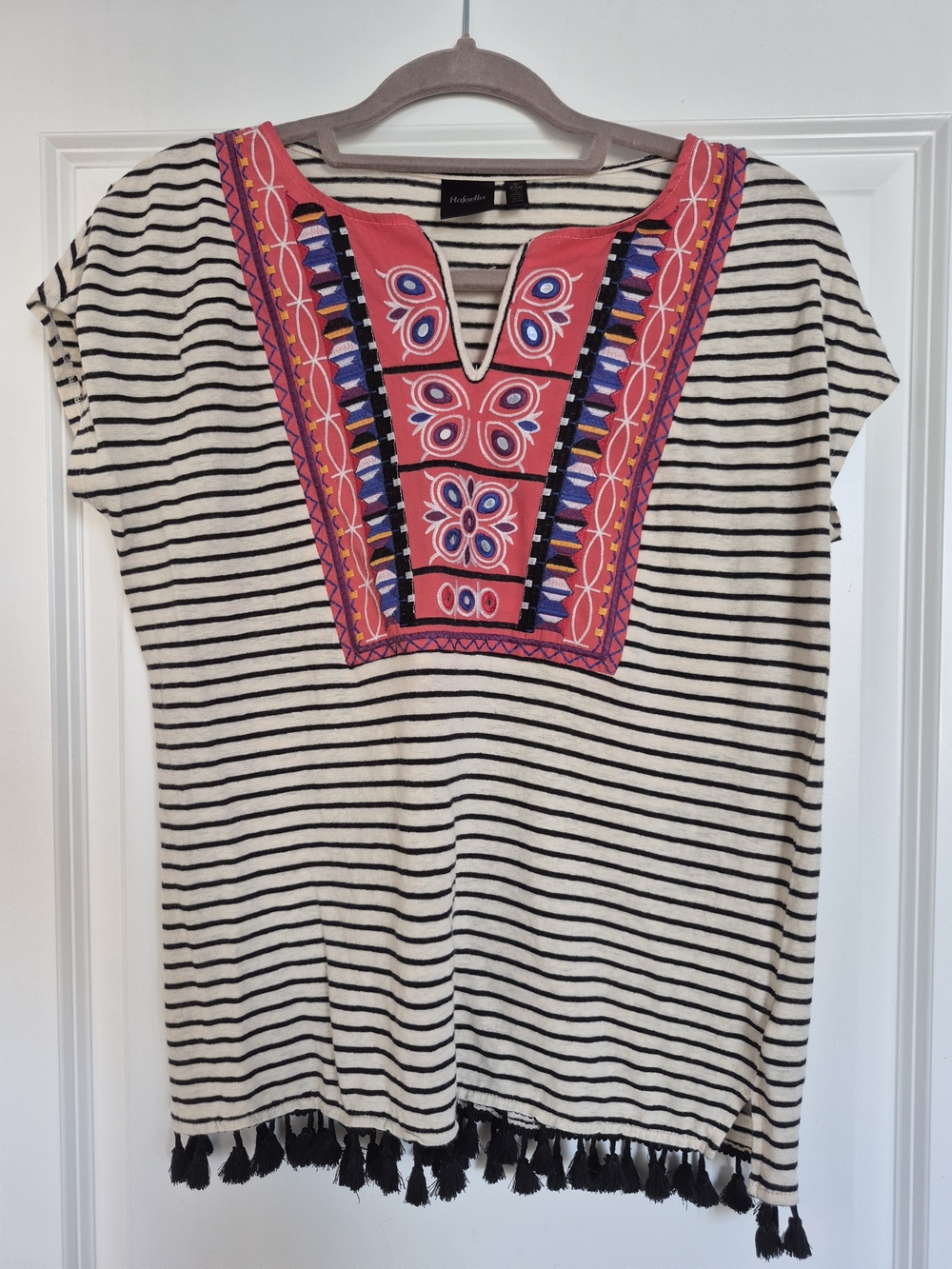 Rafaella Cream and Black Striped Tunic with Pink Embroidered Yoke